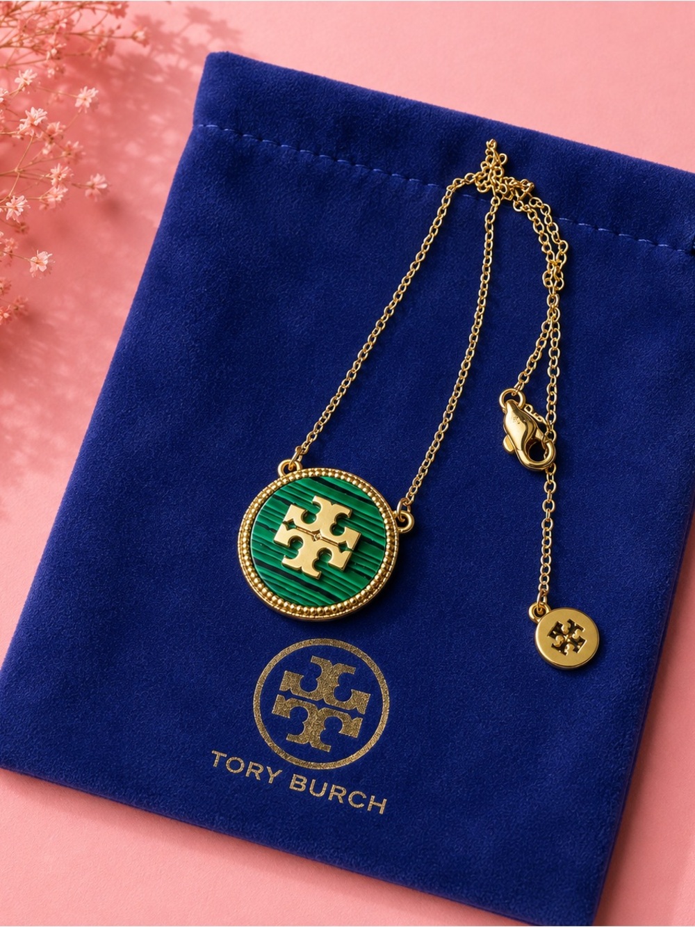 Tory Burch Gold-Tone Necklace with Green Striped Logo Pendant